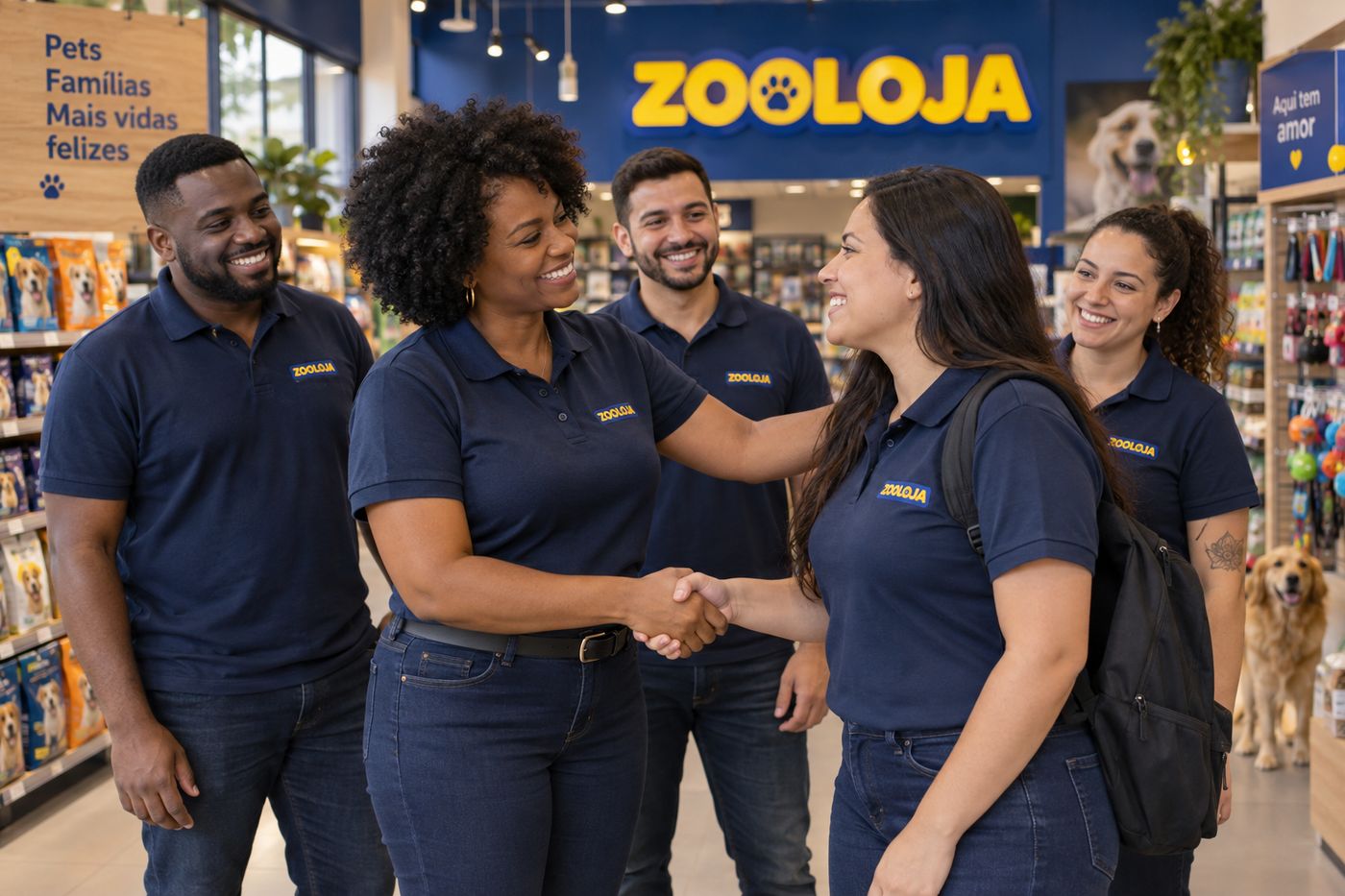 Equipe Zooloja acolhendo uma nova colega na loja